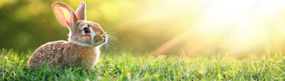 Fototapeta premium Adorable Baby Bunny Rabbit in Sunny Spring Meadow Easter Animal