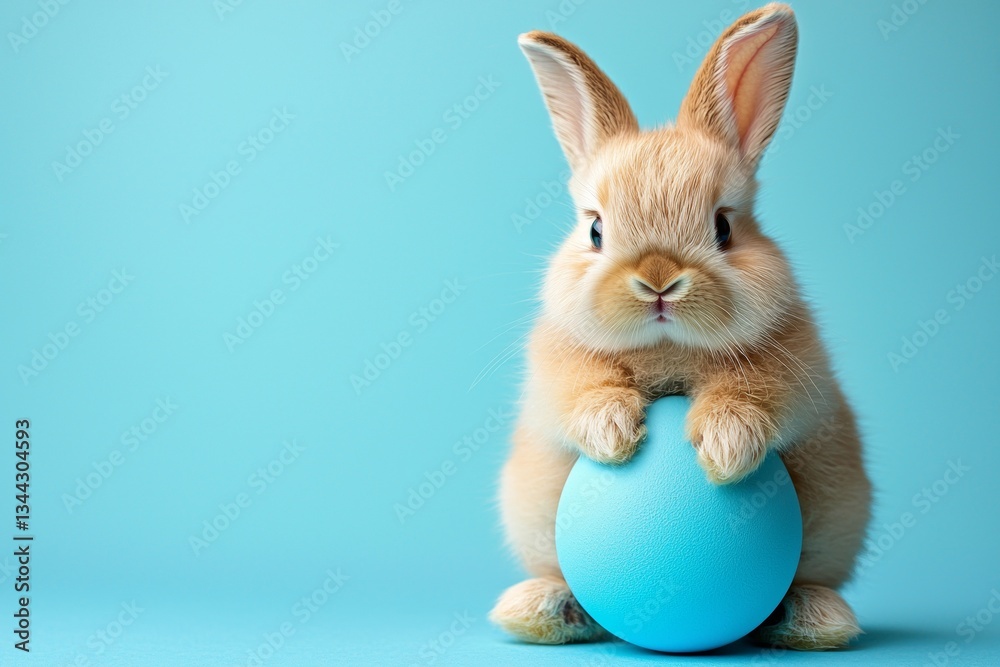 Obraz premium Brown Rabbit with Easter Egg, Isolated on Blue Background