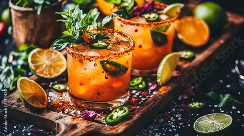 Spicy Paloma cocktails garnished with jalapeños and basil, served on a rustic wooden board.  Perfect for a summer party or vibrant food blog.