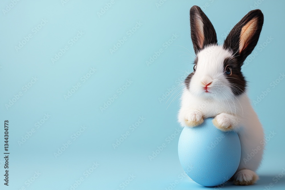 Obraz premium Black and White Rabbit with Easter Egg, Isolated on Blue Background