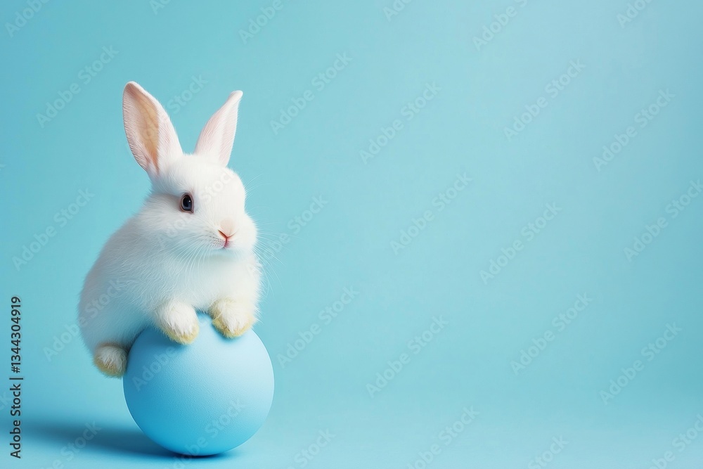 Obraz premium White Rabbit Sitting on Easter Egg, Isolated on Blue Background