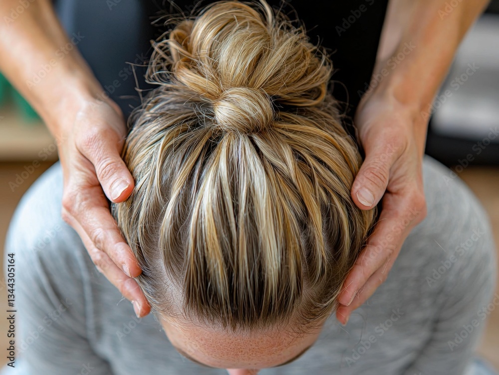 Naklejka premium A close-up view of a person's hair in a bun, with hands gently massaging their scalp, suggesting relaxation and wellness.
