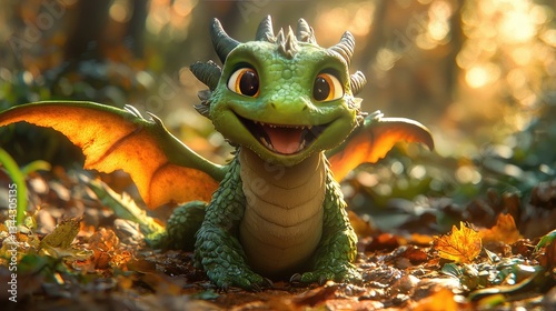 Playful dragon character smiling in a vibrant autumn forest setting