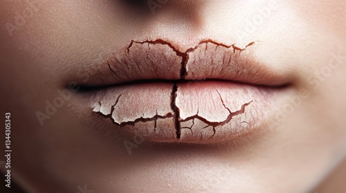 Cracked female lips highlighting skin dehydration, chapped surface revealing need for intensive lip moisturizing during harsh winter conditions