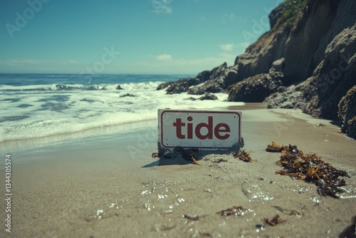 A serene coastal scene featuring waves gently crashing onto the shore, with a sign reading "tide" partially buried in the sand amidst seaweed.