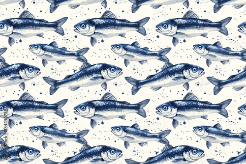 Seamless Sardine Pattern, Blue and White Color Scheme
