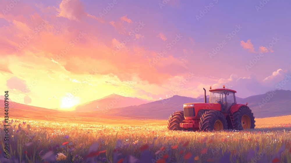Fototapeta premium A vibrant sunset over a tranquil field with a red tractor, symbolizing rural life and agriculture