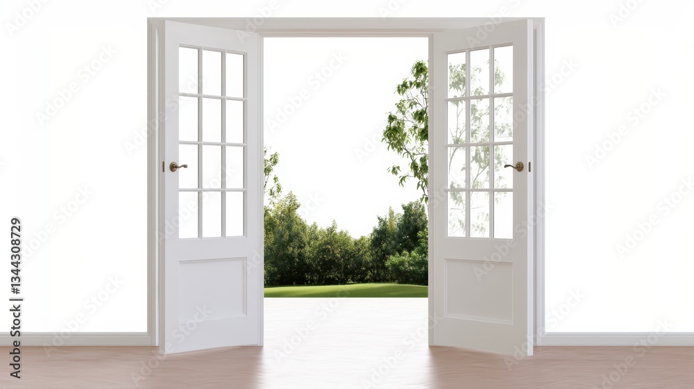 Fototapeta premium White wooden double doors revealing lush garden landscape, symbolizing fresh possibilities, growth, and natural harmony between indoor and outdoor environments