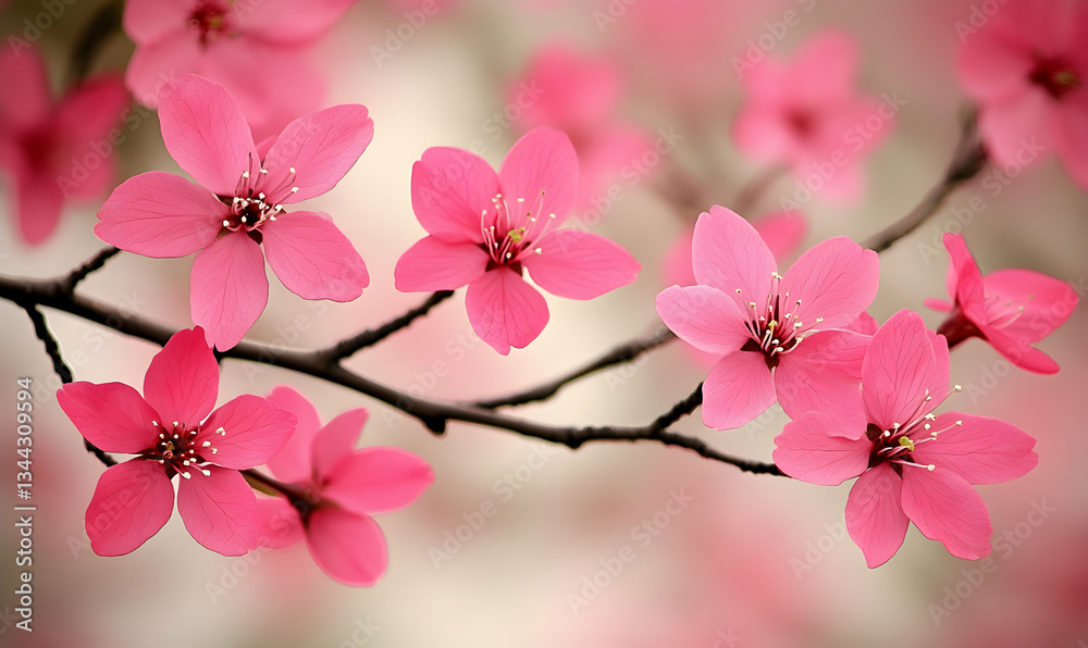 Naklejka premium Delicate pink blossoms on a branch, springtime floral beauty, close-up shot of flowers in bloom.