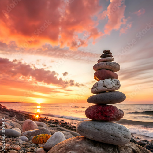 Vibrant stacked agated stones on sunset background