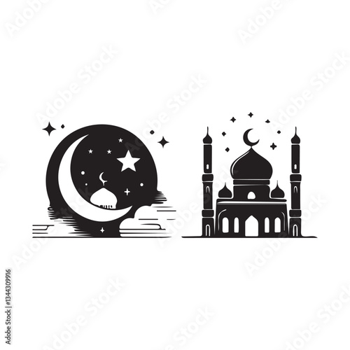 Set of vector silhouette Islamic architecture within crescent moons including domed mosques minarets.