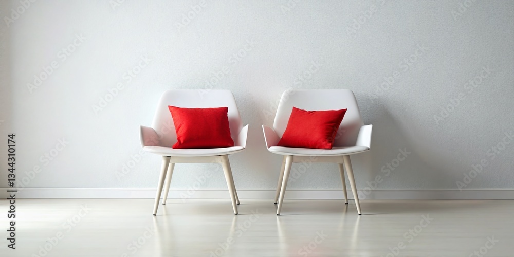 Obraz premium Red Pillow White Chairs Minimalist Interior Design Stock Photo