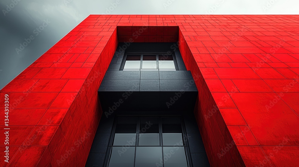 Fototapeta premium Modern architectural structure with bold red facade under cloudy sky