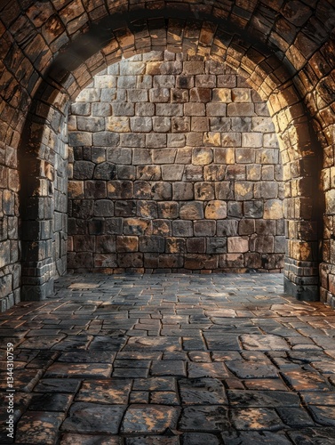 Soft light accentuates the natural curves of a historic arched brick wall, creating a serene, medieval atmosphere