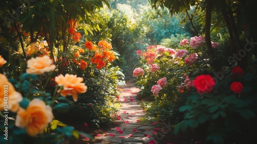 A serene garden pathway surrounded by blooming roses and lush greenery, with vibrant colors and sunlight filtering through the trees overhead.