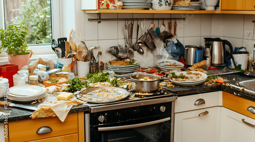 A chaotic and messy kitchen scene, overflowing with dirty dishes, food scraps, and utensils.  The stovetop and counters are covered in a layer of debris.
