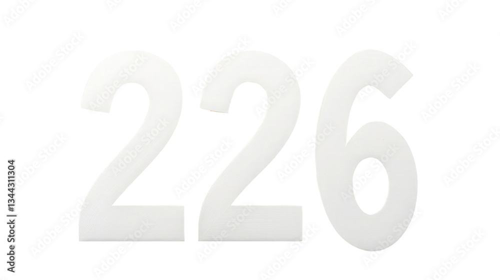 Three white cut-out numbers display 226 in a simple, modern style, suitable for various uses like signage, decoration, or identification in indoor and outdoor settings Three white cut-out numbers display 226 in a simple, modern style, suitable for various uses like signage, decoration, or identification in indoor and outdoor settings