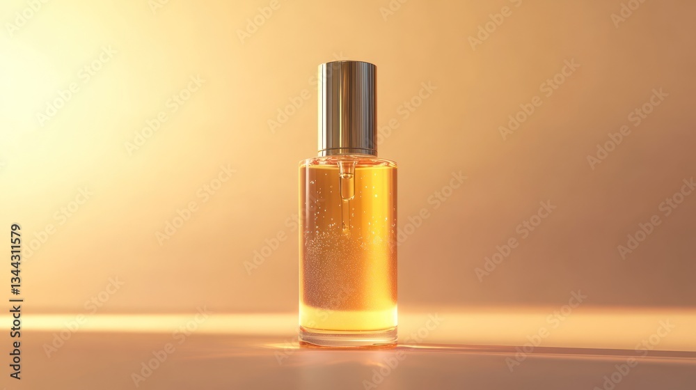 Naklejka premium Golden serum bottle, sunlit studio