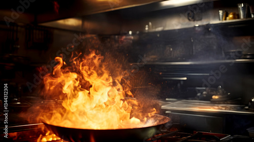 Photo of a fire burning a cooking stove in a restaurant kitchen.