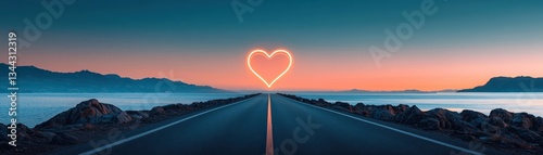 A serene road leads towards a glowing heart-shaped sign against a beautiful sunset backdrop, evoking feelings of love and adventure.