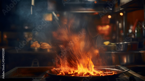 Photo of a fire burning a cooking stove in a restaurant kitchen.
