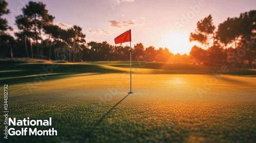 National Golf Month: Sunset on the Green, Celebrate the Sport, National Golf Month – Stunning Golf Course Sunset with Flag on Green