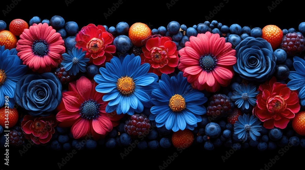 Vibrant red and blue flowers with berries. Ideal for food, floral, or nature themes.