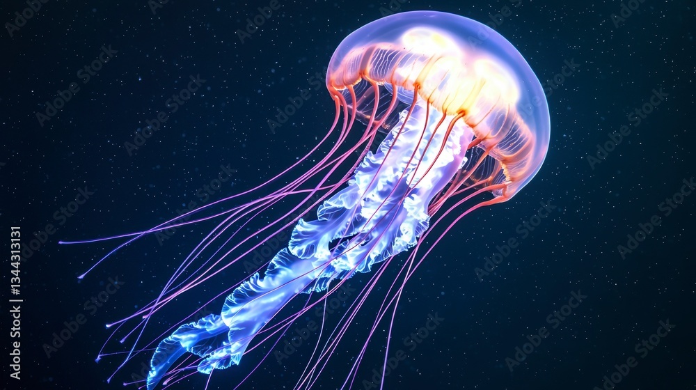 Naklejka premium Vibrant Jellyfish Floating in the Deep Ocean Darkness