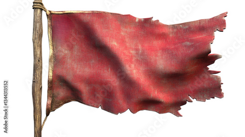 A tattered red flag flutters atop a rough wooden pole, set against a bright blue sky. The fabric shows signs of wear, suggesting it has endured various weather conditions