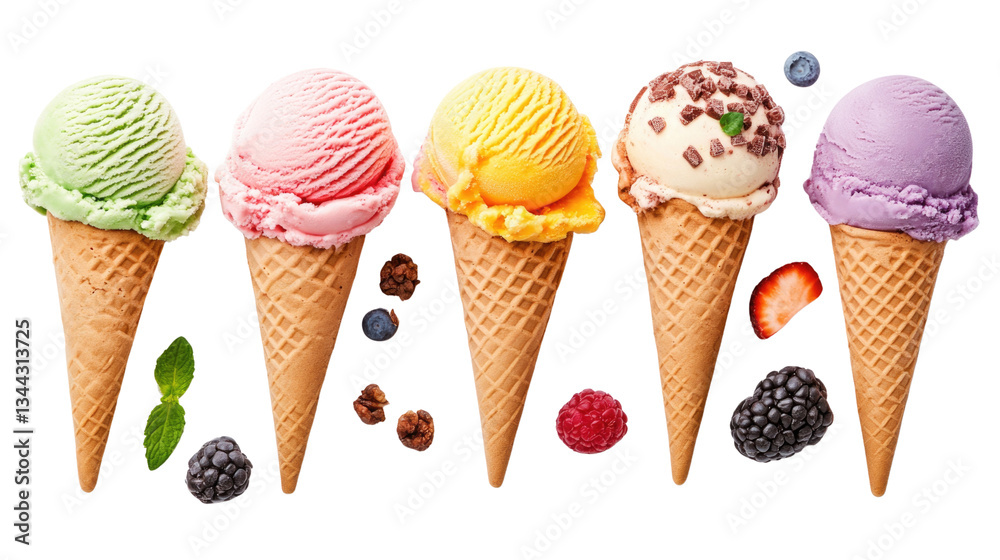 Five colorful ice cream cones are arranged in a row, showcasing flavors like mint, strawberry, lemon, chocolate, and blueberry, accompanied by fresh berries and mint leaves Five colorful ice cream cones are arranged in a row, showcasing flavors like mint, strawberry, lemon, chocolate, and blueberry, accompanied by fresh berries and mint leaves