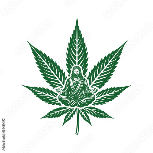 Sacred Meditation Jesus on a Marijuana Leaf Bold Spiritual Vector Art.