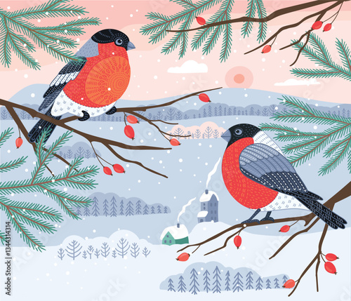 Decorative illustration of bullfinches in nature. Vector design element