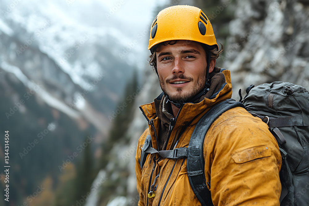Double portrait of a man wearing a climbing helmet and outdoor gear, seamlessly blending into a stunning mountain landscape featuring rocky cliffs and dense forests Double portrait of a man wearing a climbing helmet and outdoor gear, seamlessly blending into a stunning mountain landscape featuring rocky cliffs and dense forests