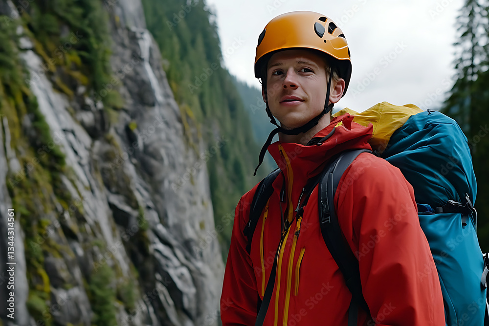 Double portrait of a man wearing a climbing helmet and outdoor gear, seamlessly blending into a stunning mountain landscape featuring rocky cliffs and dense forests Double portrait of a man wearing a climbing helmet and outdoor gear, seamlessly blending into a stunning mountain landscape featuring rocky cliffs and dense forests