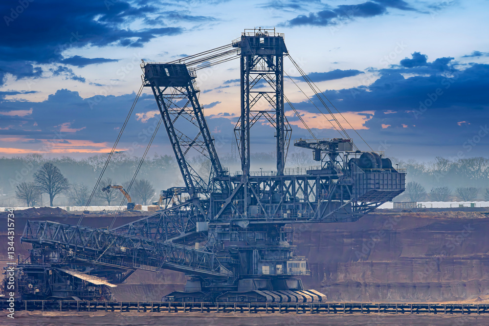 Large excavator in use on a hazy morning in a coal mining area