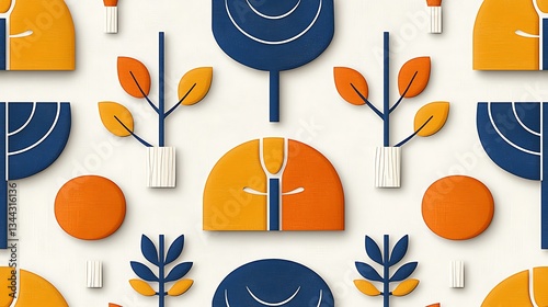 Autumnal geometric pattern with trees and leaves