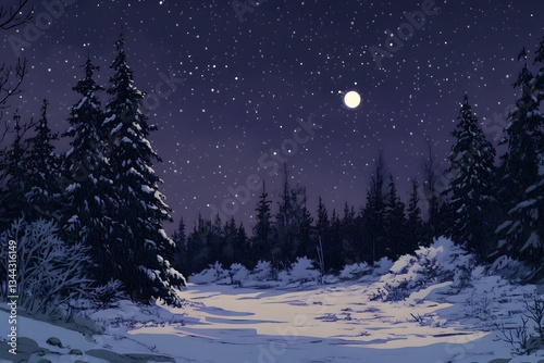 Snowy forest under a starry night with a full moon, winter forest landscape