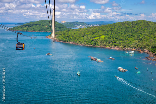Hon Thom cable car system is 7,899m long, with the highest pillar 174m - the world's longest three-wire cable car system across the sea - connecting Phu Quoc with Hon Thom island, Kien Giang, Vietnam
