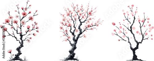 Cherry Blossom vector tree. Spring tree  .Realistic Sakura blossom trees .Pink japanese sakura in bloom .Hanami element. Watercolor blooming cherry trees flat icons.  Sakura set.