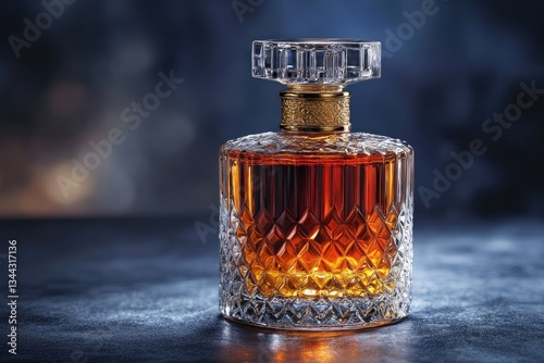 Crystal decanter filled with amber liquid; ornate stopper and diamond-cut glass. Perfect for showcasing luxury, spirits, or high-end products; evokes sophistication and elegance.
