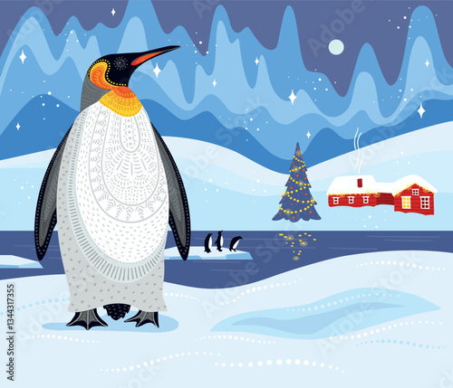 Decorative illustration of penguin in nature. Vector design element