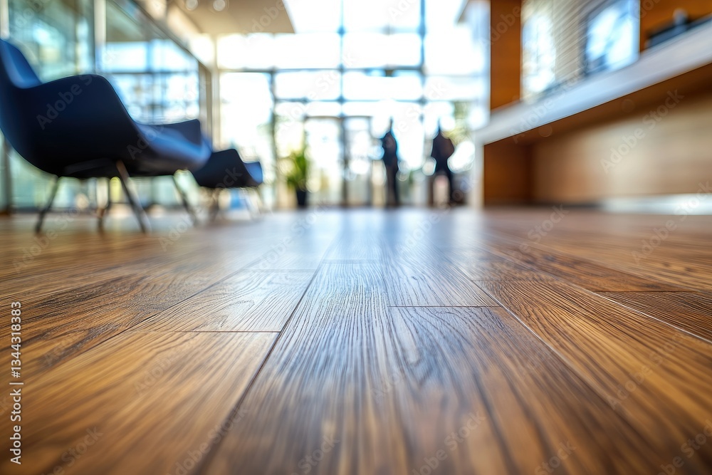 Modern office lobby with wooden floor and comfortable seating Modern office lobby with wooden floor and comfortable seating