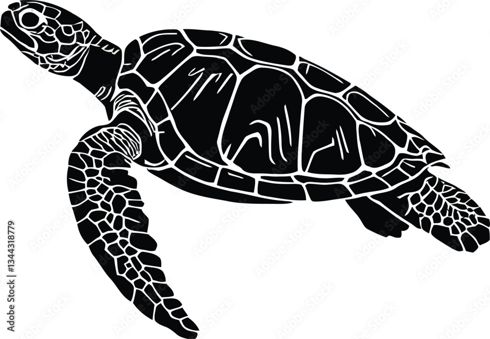Fototapeta premium Sea Turtle Silhouette - Detailed Black and White Vector Illustration of a Marine Reptile, Ocean Wildlife, Nautical Art, Tattoo Design