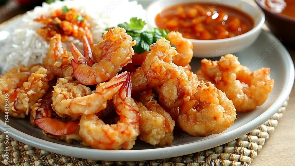 Delicious Crispy Fried Shrimp Served with Rice and Spicy Sauce Close-Up Presentation