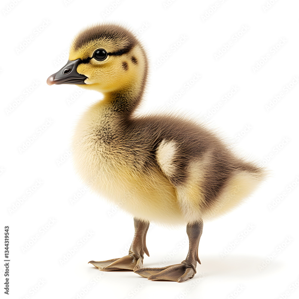 A fluffy gosling standing in side view, full body isolated on a white background. Light yellow and grey feathers, tiny wings, a short beak, and bright, curious eyes. A detailed and realistic animal A fluffy gosling standing in side view, full body isolated on a white background. Light yellow and grey feathers, tiny wings, a short beak, and bright, curious eyes. A detailed and realistic animal