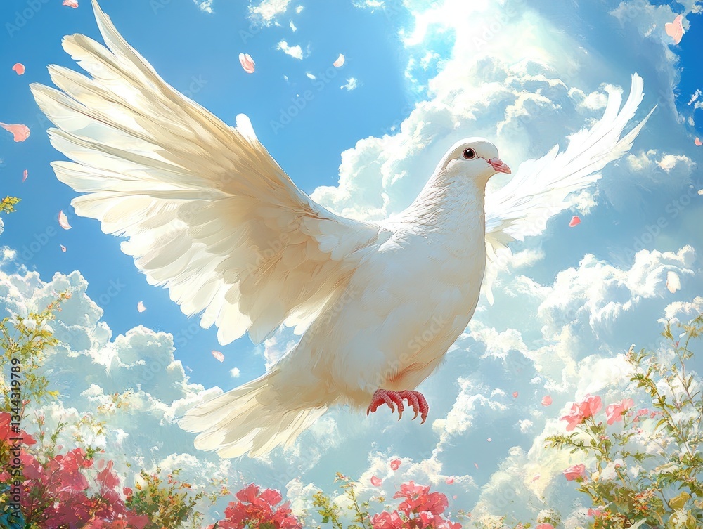 Fototapeta premium White dove soars amidst fluffy clouds and pink petals. Symbolizes peace, hope, and new beginnings; ideal for spiritual themes.