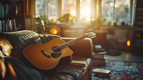 A beautiful acoustic guitar rests on a comfortable living room couch