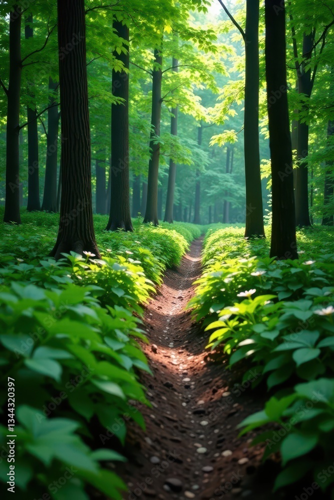 Obraz premium Narrow dirt track disappearing into dense forest undergrowth, earth, deep woods, outdoor
