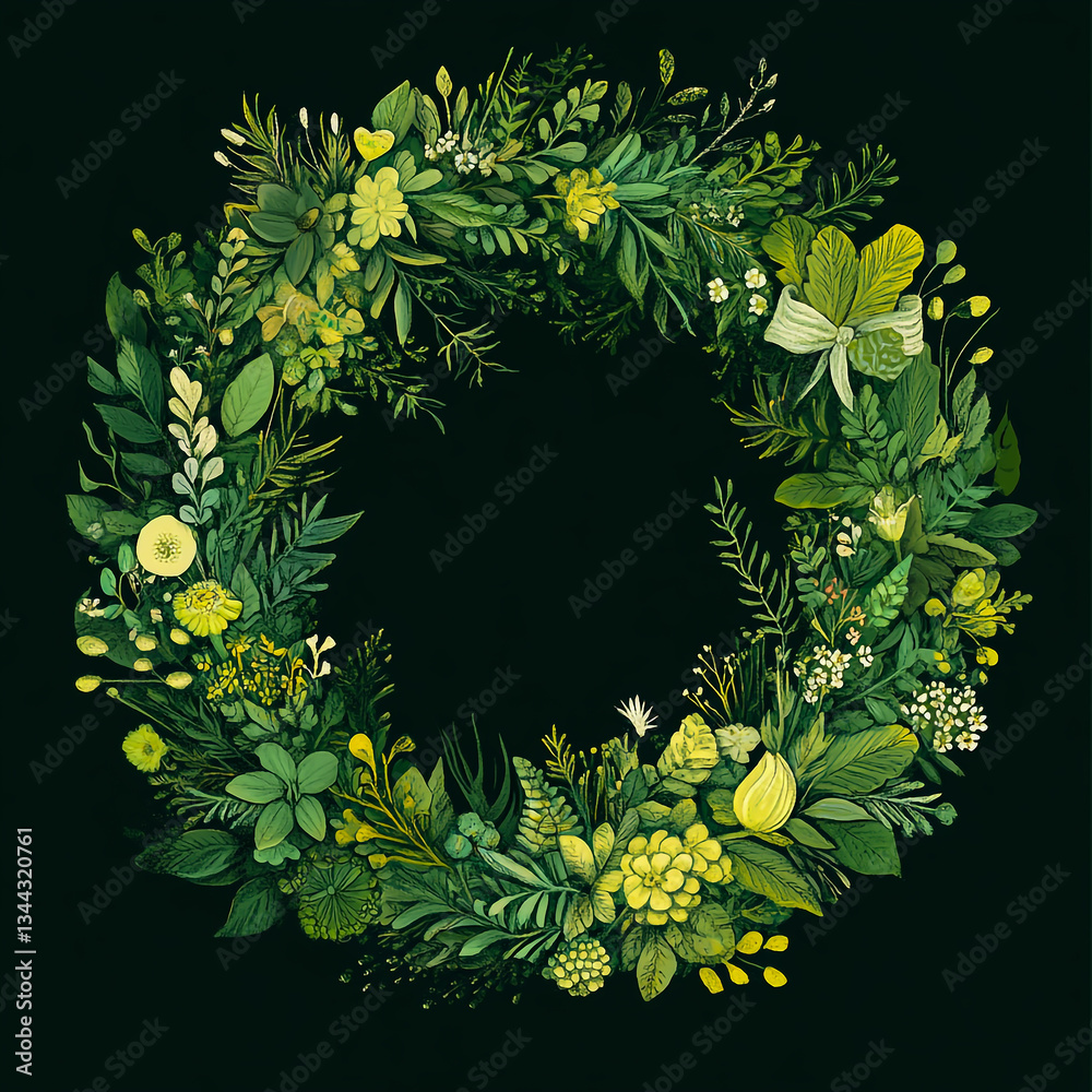 Obraz premium Green Floral Wreath Summer Illustration