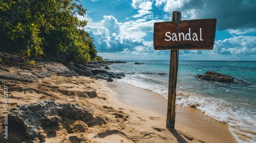 A Beautiful Tropical Island Shoreline Featuring Lush Greenery and a Rustic Wooden Sign with White "Sandal" Lettering Against a Scenic Ocean Background